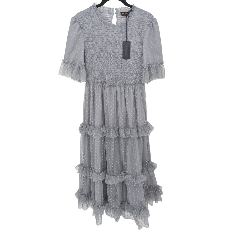 Deauville Mesh Dress Womens Small Gray Smocked Swiss Dot Tiered Midi‎ Ethereal